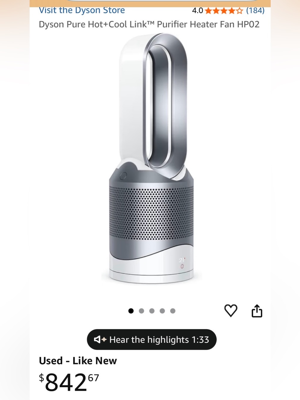 Dyson Pure Hot+Cool Link Purifier Heater Fan HP02 Tower Fan with Remote